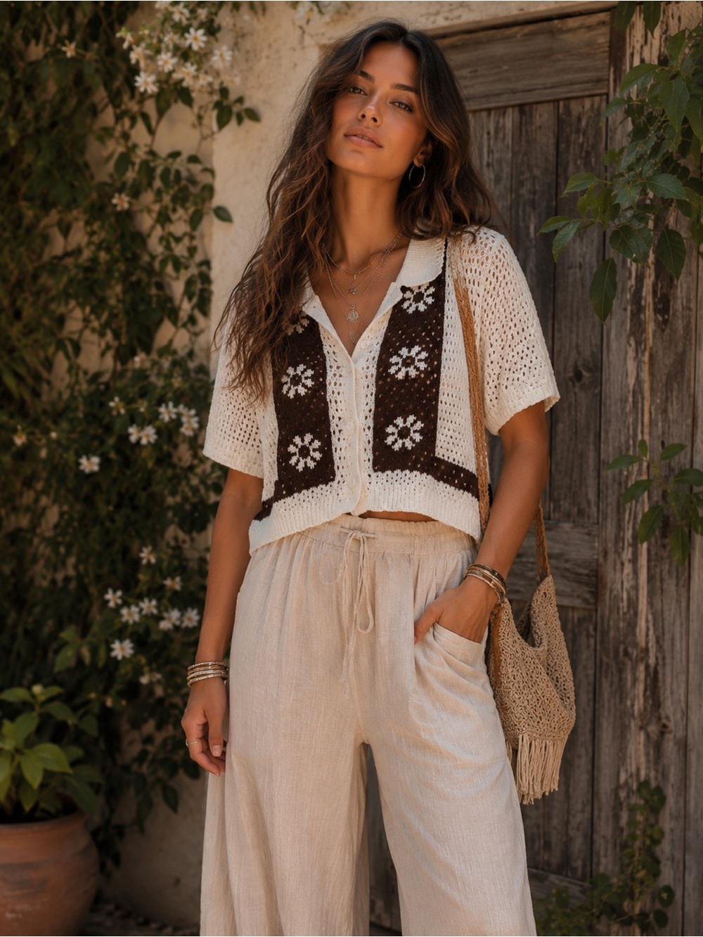 White and Brown Floral Crochet Button-Up Top